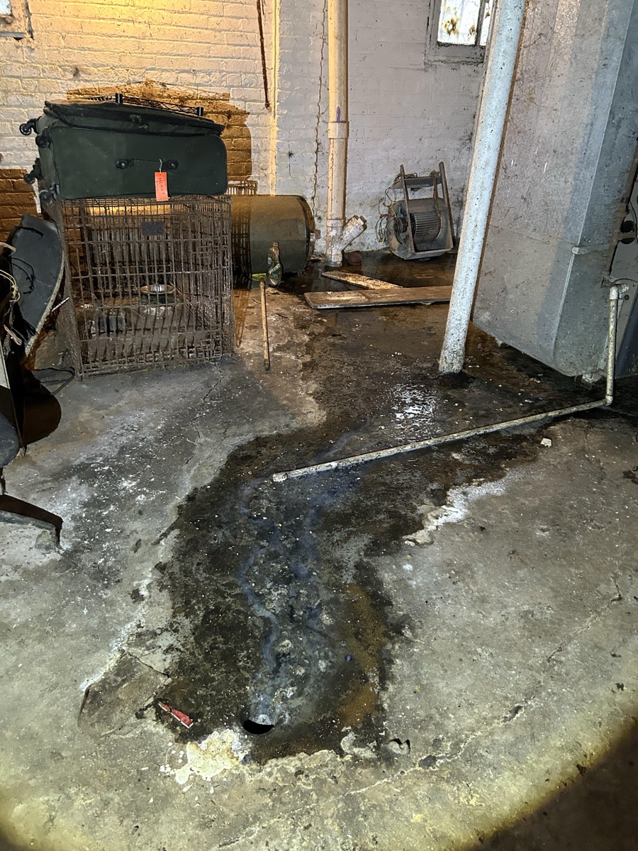A Detroit basement floor covered in sewage, photographed by a contractor on a service call.